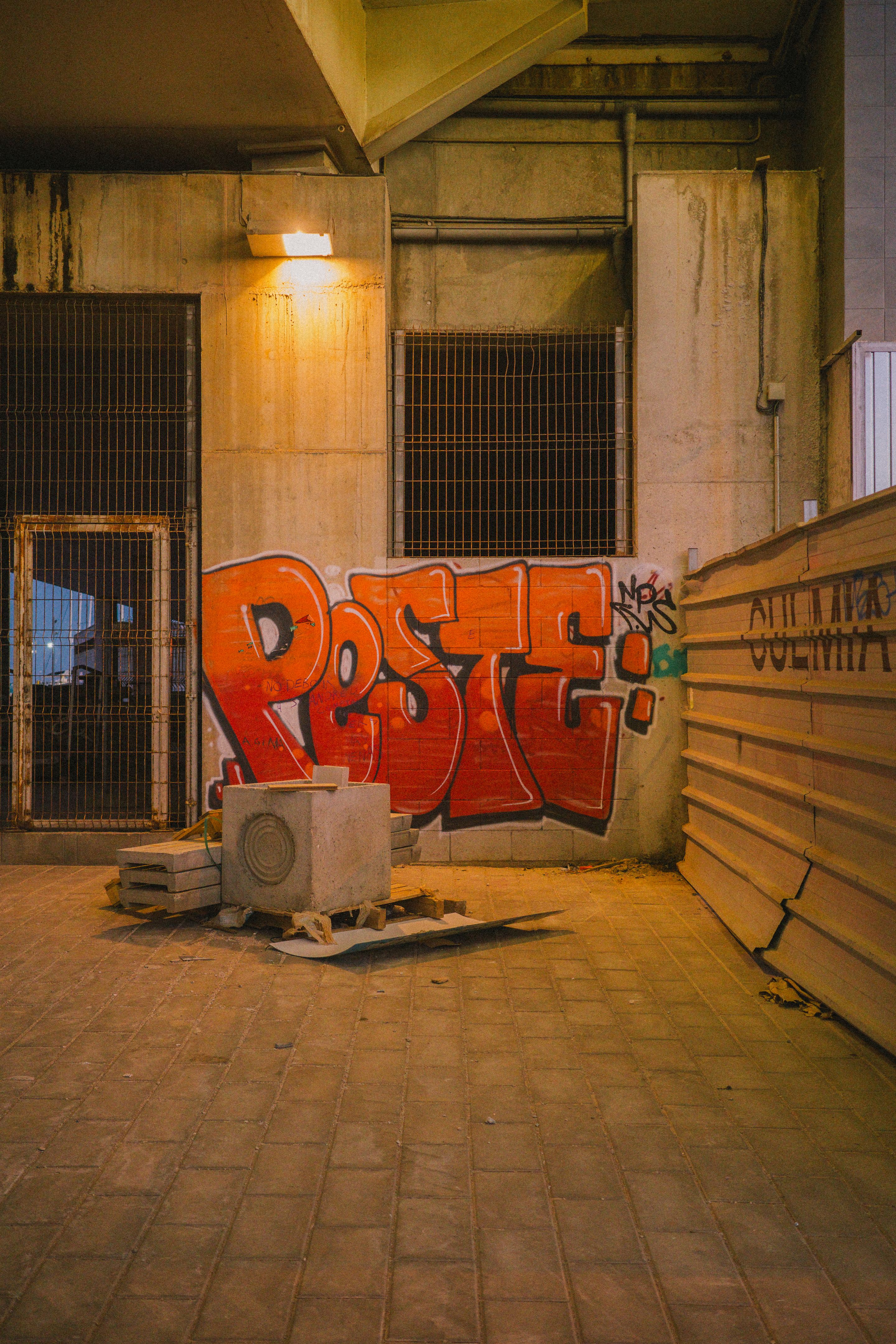 Foto nocturna de la palabra Peste grafiteada sobre una pared de hormigón
