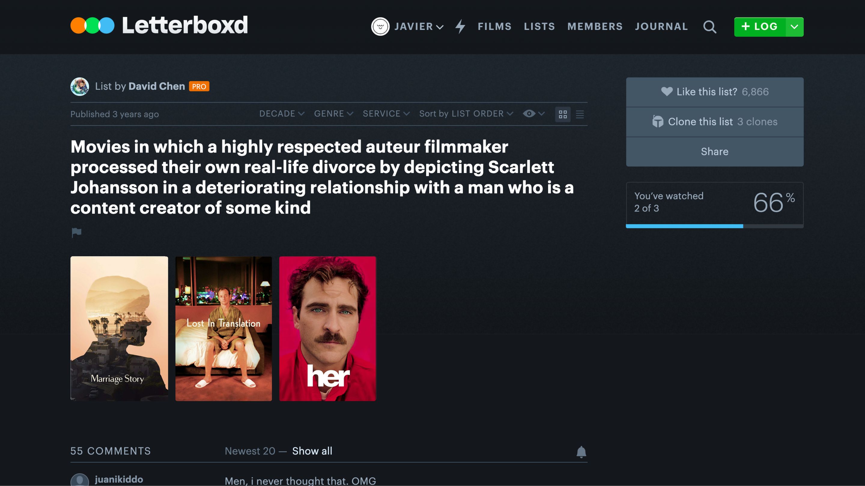 Screenshot of a Letterboxd list 'Movies in which a highly respected auteur filmmaker processed their own real-life divorce by depicting Scarlett Johansson in a deteriorating relationship with a man who is a content creator of some kind'. Under it, there are three Scarlett Johansson movies: Marriage Story, Lost in Translation, and Her Screenshot of a Letterboxd list 'Movies in which a highly respected auteur filmmaker processed their own real-life divorce by depicting Scarlett Johansson in a deteriorating relationship with a man who is a content creator of some kind'. Under it, there are three Scarlett Johansson movies: Marriage Story, Lost in Translation, and Her