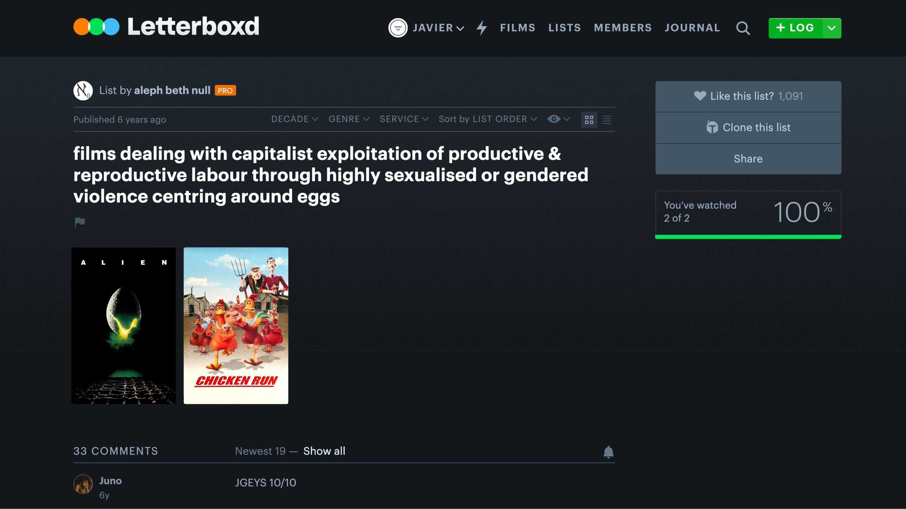 Screenshot of a Letterboxd list 'Films dealing with capitalist exploitation of productive & reproductive labour through highly sexualised or gendered violence centring around eggs'. Under it, there are two movie posters for Alien and Chicken Run Screenshot of a Letterboxd list 'Films dealing with capitalist exploitation of productive & reproductive labour through highly sexualised or gendered violence centring around eggs'. Under it, there are two movie posters for Alien and Chicken Run